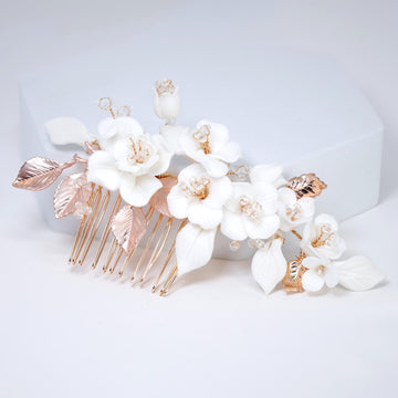 Ceramic White Flowers Seraphina Rose Comb Hair comb, Bridal Gold Finish Hair Piece, Bridal Hair Accessories, Wedding Hair Accessory.